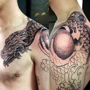 Freehand Japanese style Dragon I've been working on. From chest to wrist. Sleeve, chest piece