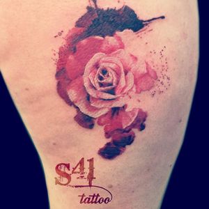 Custom abstract rose- thigh tattoo, healed #custom #watercolor #abstract #rose #rosetattoo #color 