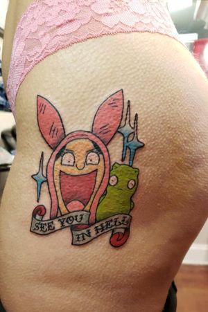 See you in hell! Had an absolute blast doing this one. . . . #tattooedgirls #girlswithtattoos #colortattoo #thightattoo #fytcartridges #nctattooers #nctattoos #raleigh #raleighartist #bobsburger #flashtattoo 