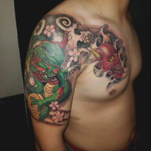 Japanese  style dragon and hanna mask. His first tattoo. 2 sittings 