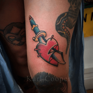 By Karl Cooper @kcoopertattoo #traditional #traditionaltattoo #oldschool #oldschooltattoo #dagger #heart #london