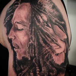 Bob Marley and lion, black and grey, stage one.
