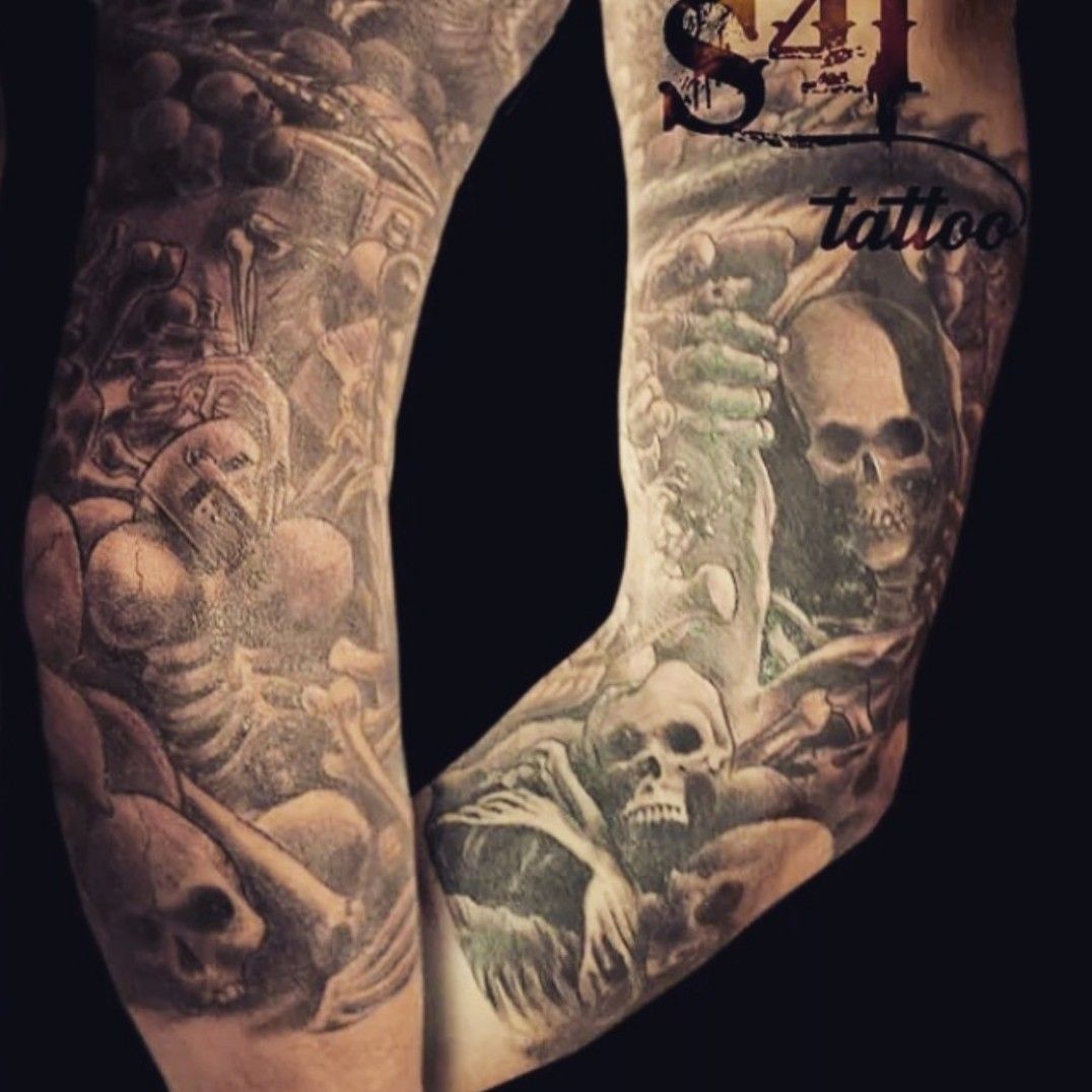 Graveyard Tattoo On Left Half Sleeve