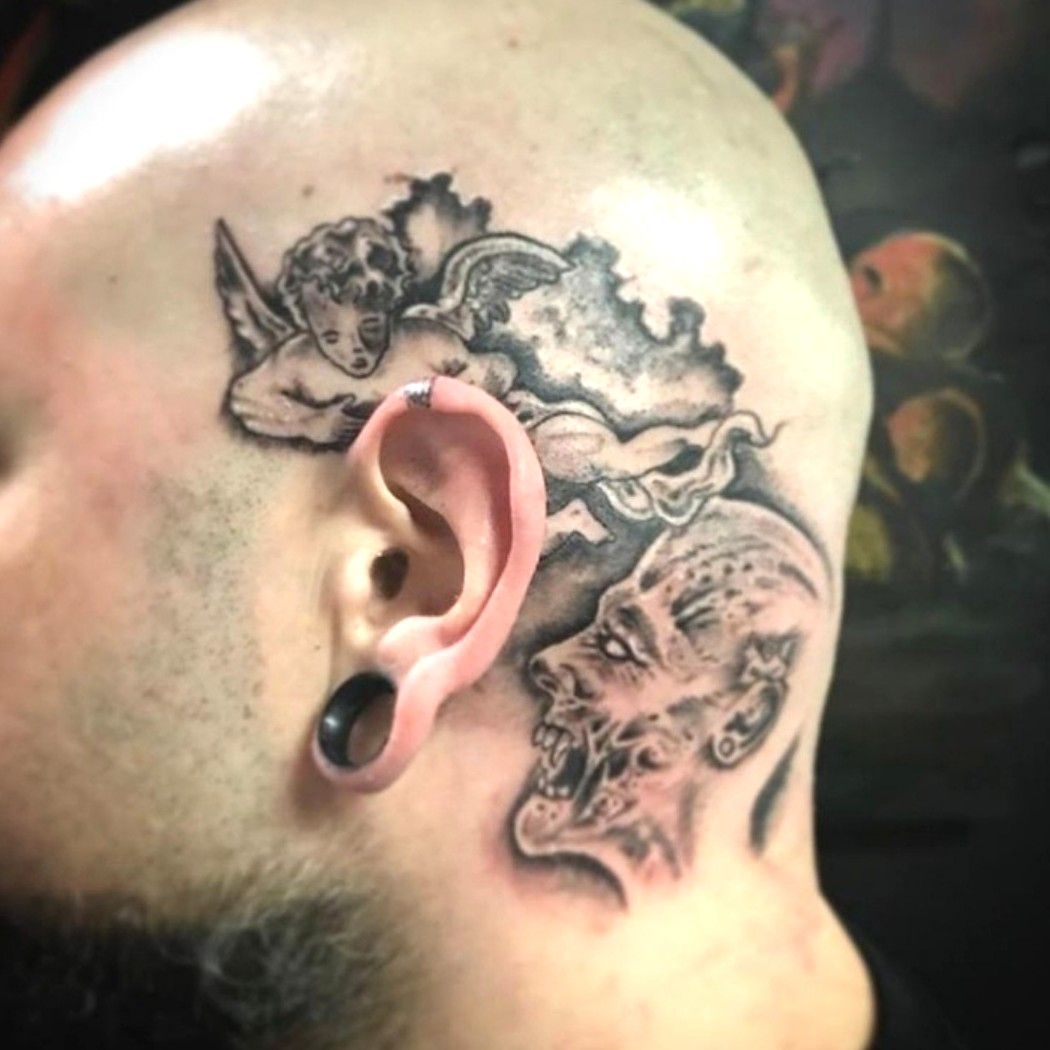 Devil whispering in the ear done by Nikki IG nikkisailortattoo      To book in with her drop us a message or come to our shop on 1A Winslow  Street 