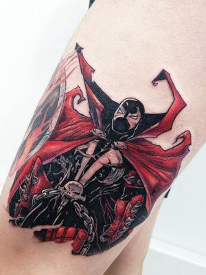 Get inked with a unique illustrative tattoo featuring Spawn from the comics, by Adrian Suez.