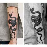 Two headed snake added to the dark themed sleeve #serpent #twoheadedsnaketattoo #snake #spirals #dark #darkart 