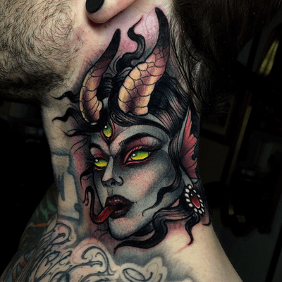 Demon lady on the side of the neck
