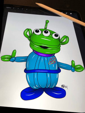Toy Story Alien “balloonanized” and then created on Procreate. Design available for tattooing. Follow me on Instagram @gmmtattoons