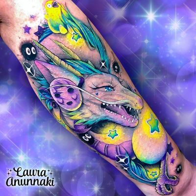 Anime tattoo by Laura Anunnaki #LauraAnunnaki #animetattoo #anime #manga #animation #cartoon #newschool #illustrative #Japanese #Japaneseinspired #haku #spiritedaway #noface #sootsprite #arm