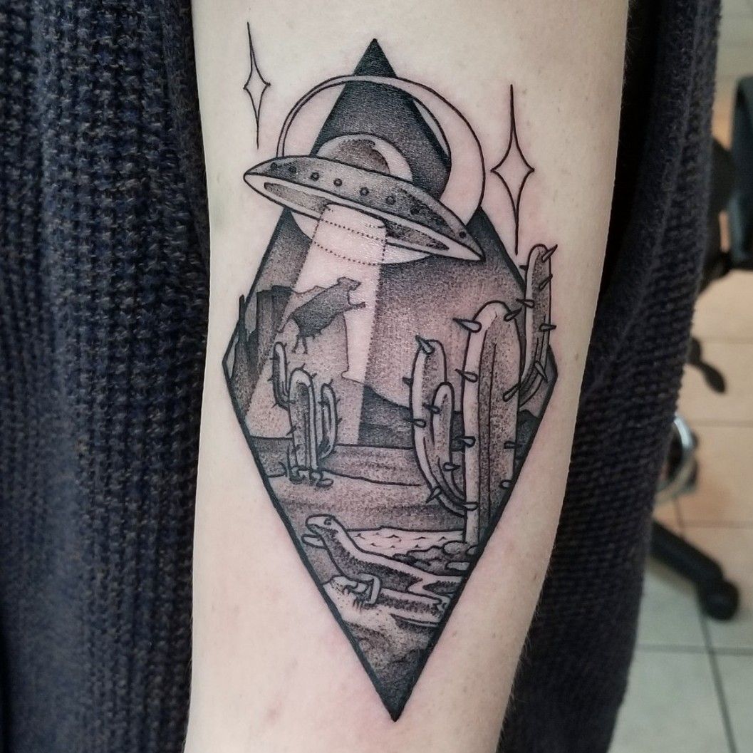 Desert landscape tattoo done by JC Hill at Ink Inc in McKinney TX I told  him what I wanted including the javelina and he came up with this  r tattoo