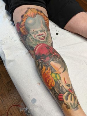 Evil clown leg sleeve#yeg #yegarts #tattoo #edmonton #neotraditional #newschooltattoo #edmontontattoo #edmontontattooartist #neotradsub  #yegtattoo
