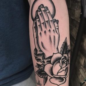 Clapper tattoo by Derekcantdance #derekcantdance #blackwork #rose #traditional #arm #clappertattoo #clappers #prayer #hands #religious #jesus #mary #iconic
