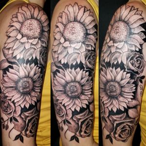 Half sleeve I started today #sunflower #sunflowers #roses #tattoo #halfaleeve #black #blackwork #inked #gettattooed #customtattoo #night #theme #womanwithtattoos #womanwithink #art #floral #tattedup #inklife #tattoolife #tattedup #ink #art #tatts #tattooshop #thatlife #tattoooftheday #monday #mondayshit #whatido