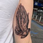 Clapper tattoo by BJ Betts #BJBetts #blackandgrey #realism #oldschool #illustrative #clappertattoo #clappers #prayer #hands #religious #jesus #mary #iconic