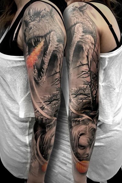 Realistic photo of a dragon tattoo on a man's arm