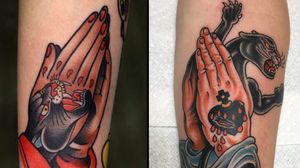 Clapper tattoo on the left by Mick Gore and Clapper tattoo on the right by Josh Snyder #JoshSnyder #MickGore #clappertattoo #clappers #prayer #hands #religious #jesus #mary #iconic