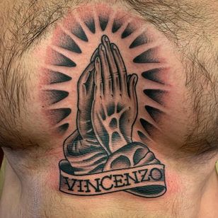 Clap tattoo por Javier DeLuna #JavierDeLuna #traditional #banner #blackwork #family name #letters #breast # flap tattoo #clappers #pray #hands #religious #jesus #mary #iconic