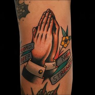 Clap tattoo by AZamp #AZamp #AlexZampirri #traditional #color #flower #banner #beer #strength #arm #fun # flap tattoo #clappers #pray #hands #religious #jesus #mary #iconic