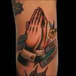 Clapper tattoo by AZamp #AZamp #AlexZampirri #traditional #color #flower #banner #beer #strength #arm #funny #clappertattoo #clappers #prayer #hands #religious #jesus #mary #iconic