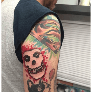 Start of right arm sleeve. Superman - Artist: Dave Meinsen/Artistic Skin Design/Indianapolis,IN. Misfits - Artist: Jeff Reed/Artistic Skin Design/Indianapolis, IN. Boston Terrier - Artist: Jeff Reed. 