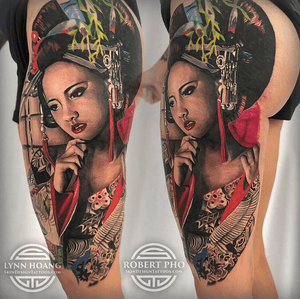 Black and grey and color realistic Japanese Geisha leg piece