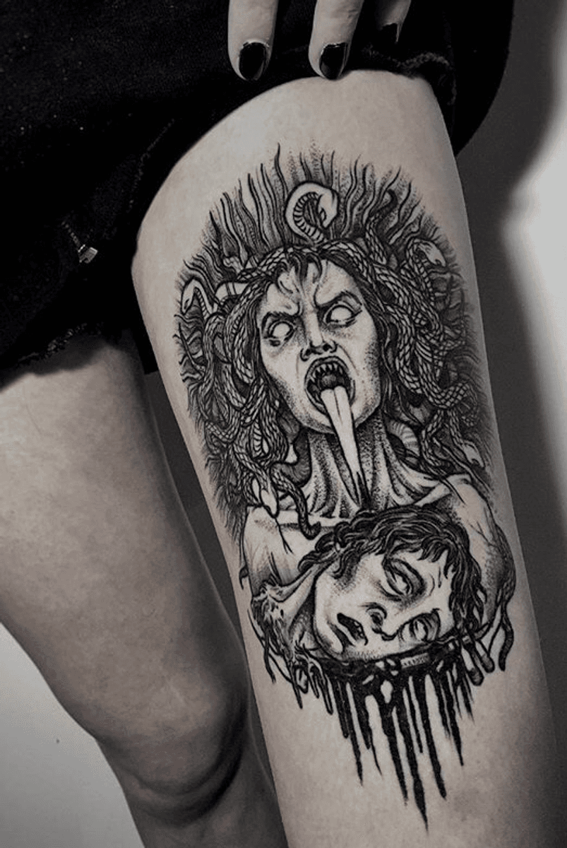 Tattoo uploaded by Betty • Healed medusa! #medusa #medousa #evil #horror  #dead #decapitated #snake #blackwork #blackworkers #betty #athens #greece •  Tattoodo