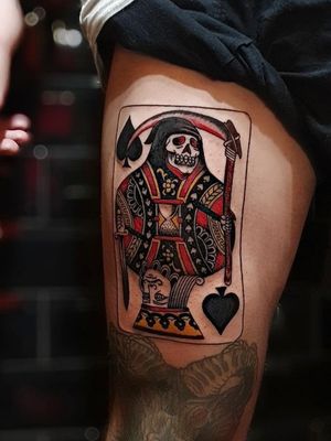 Are you the king or the reaper? Tattoo done by artist RioBookings and information: kamikazetattoostudios@gmail.com+62(0)82235144760#king #grimreaper #kingofspades #colourtattoos #thightattoo #canggutattoo #canggu #gilitrawangan #bali #travel #holiday #tattoocommunity #tattoo #ink #tattoodo #customtattoos #design