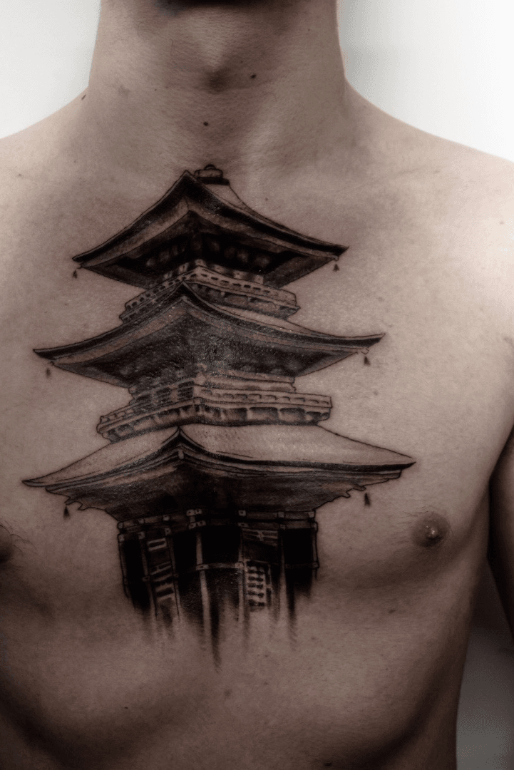 Japanese temple done by me Brookelyn Kelly at Permanent Record Tattoo in  Provo Utah triangles were already there I just cleaned them up a bit   rtattoos