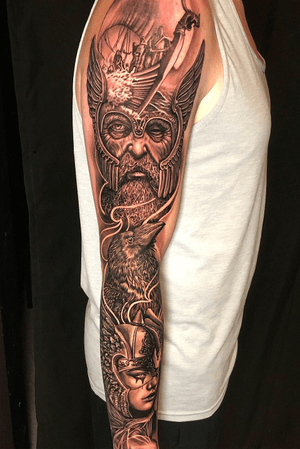 Front sleeve of odin morphed with a viking boat, valkyrie and crow. Completed in a two day back to back session. 