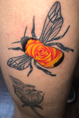 Illustrative color rose inside a bee. Original design. Healed rose under is my first tattoo ever on real skin. I did these on myself. 