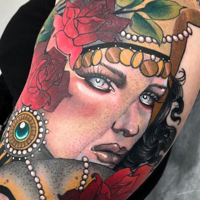 Neotraditional tattoo by Kat Abdy #KatAbdy #neotraditional #fineart #Artnouveau #detailed #painterly #portraits #lady #magic #esoteric #rose #jewels #pearls #gypsy #rose #arm