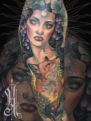Neotraditional tattoo by Kat Abdy #KatAbdy #neotraditional #fineart #Artnouveau #detailed #painterly #portraits #lady #magic #esoteric #arm #fox #floral