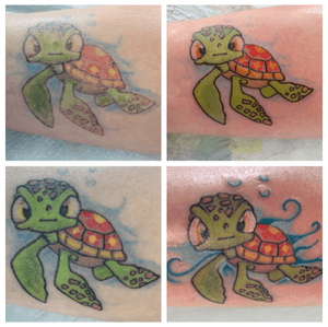 Top left is what the client came in with, bottom right is what she ended up with. She was so happy that we were not only able to fix her faded tattoo but to enhance it #disneytattoo #squirttattoo #memorialtattoo