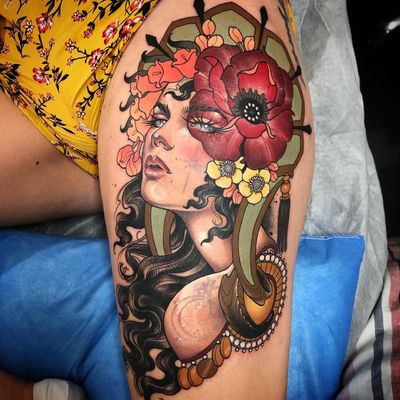 Neotraditional tattoo by Kat Abdy #KatAbdy #neotraditional #fineart #Artnouveau #detailed #painterly #portraits #lady #magic #esoteric #leg #flowers #floral #gypsy