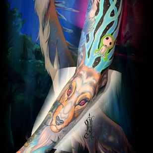 Tatuaje neotradicional de Kat Abdy #KatAbdy #neotraditional #fineart #Artnouveau #detailed #painterly #portraits #lady #magic #esoteric #princessmononoke #studioghibli #anime #arm #sleeve