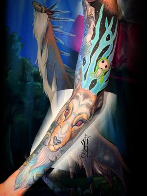 Neotraditional tattoo by Kat Abdy #KatAbdy #neotraditional #fineart #Artnouveau #detailed #painterly #portraits #lady #magic #esoteric #princessmononoke #studioghibli #anime #arm #sleeve