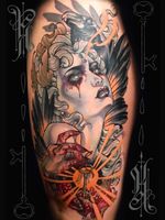 Neotraditional tattoo by Kat Abdy #KatAbdy #neotraditional #fineart #Artnouveau #detailed #painterly #portraits #lady #magic #esoteric #key #feathers #pomegranate #crow #leg