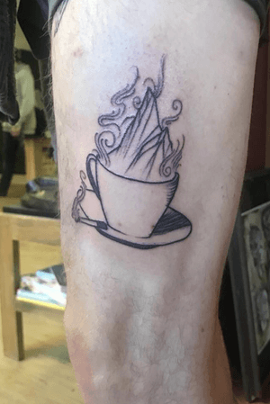 Coffee, Mountains, Smoke. My last 5 years of life in one Tattoo. Done 2/22/18 at new world samurai in Canmore Ab.