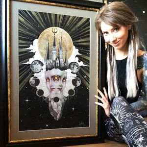 Kat with one of her paintings - Tattoo art by Kat Abdy #KatAbdy #neotraditional #fineart #Artnouveau #detailed #painterly #portraits #lady #magic #esoteric