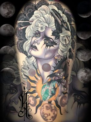 Neotraditional tattoo by Kat Abdy #KatAbdy #neotraditional #fineart #Artnouveau #detailed #painterly #portraits #lady #magic #esoteric #leg #arm #moon #gem #stone #crow #lace