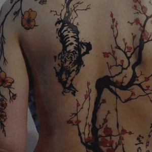 #tattoo #linework #blackwork #color #backpiece #illustration #japanese #cherry #tree #blossoms #flowers #petals #abstract #tiger #caligraphy