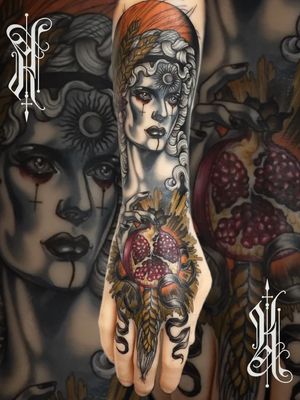 Neotraditional tattoo by Kat Abdy #KatAbdy #neotraditional #fineart #Artnouveau #detailed #painterly #portraits #lady #magic #esoteric #hand #arm #pomegranate #moon
