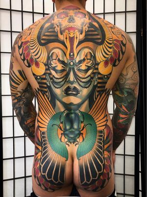 Neotraditional tattoo by Kat Abdy #KatAbdy #neotraditional #fineart #Artnouveau #detailed #painterly #portraits #lady #magic #esoteric #bodysuit #backpiece #scarab #wings #cobra #skull #flame #fire #pearls