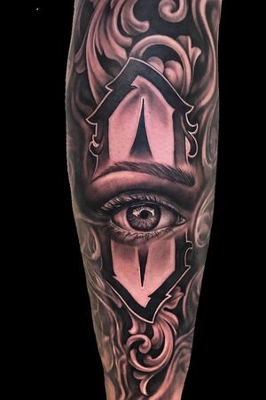 done by Connor at Sacred steel Tattoo #eye #filigree #surrealtattoo #surrealism #legsleeve