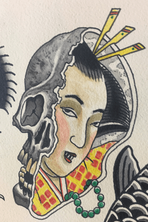 The geisha within-                                                                       #geisha #gaiko #tebori #skull #tattooflash #irezumi 