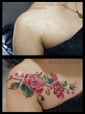 This is a scar cover up done a few months ago. Client wishes to not have people get distracted and ask questions about the scar when wearing off shoulders so why not decorate it with something beautiful where people will be at awe.