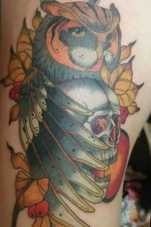 Neotraditional piece. Owl and skull.