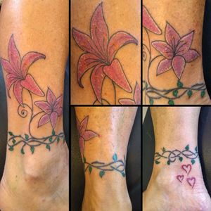 Lilys flower tattoo with hearts and vine dotwork