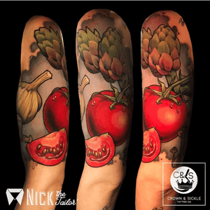 Veggie half sleeve at Crown & Feather tattoo co.