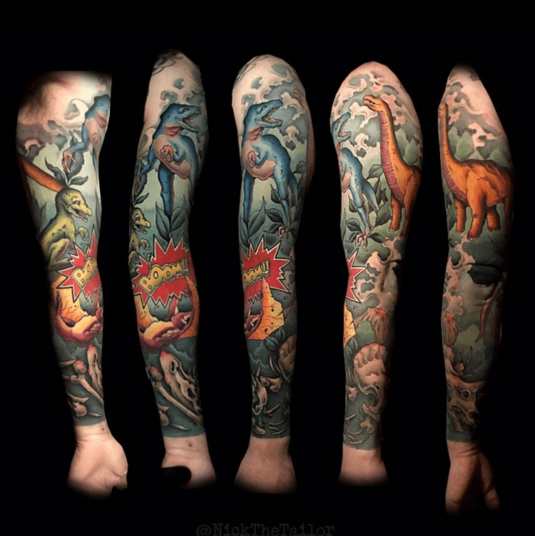 Vintage dinosaur halfsleeve designed and done by Graham Chaffee  Purple  Panther in Los Angeles  rtattoos